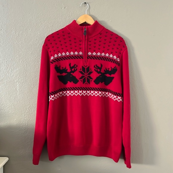 Vintage 90s Chaps Moose Nordic Sweater Men’s L Red 1/4 Zip Cotton Christmas - Picture 1 of 12